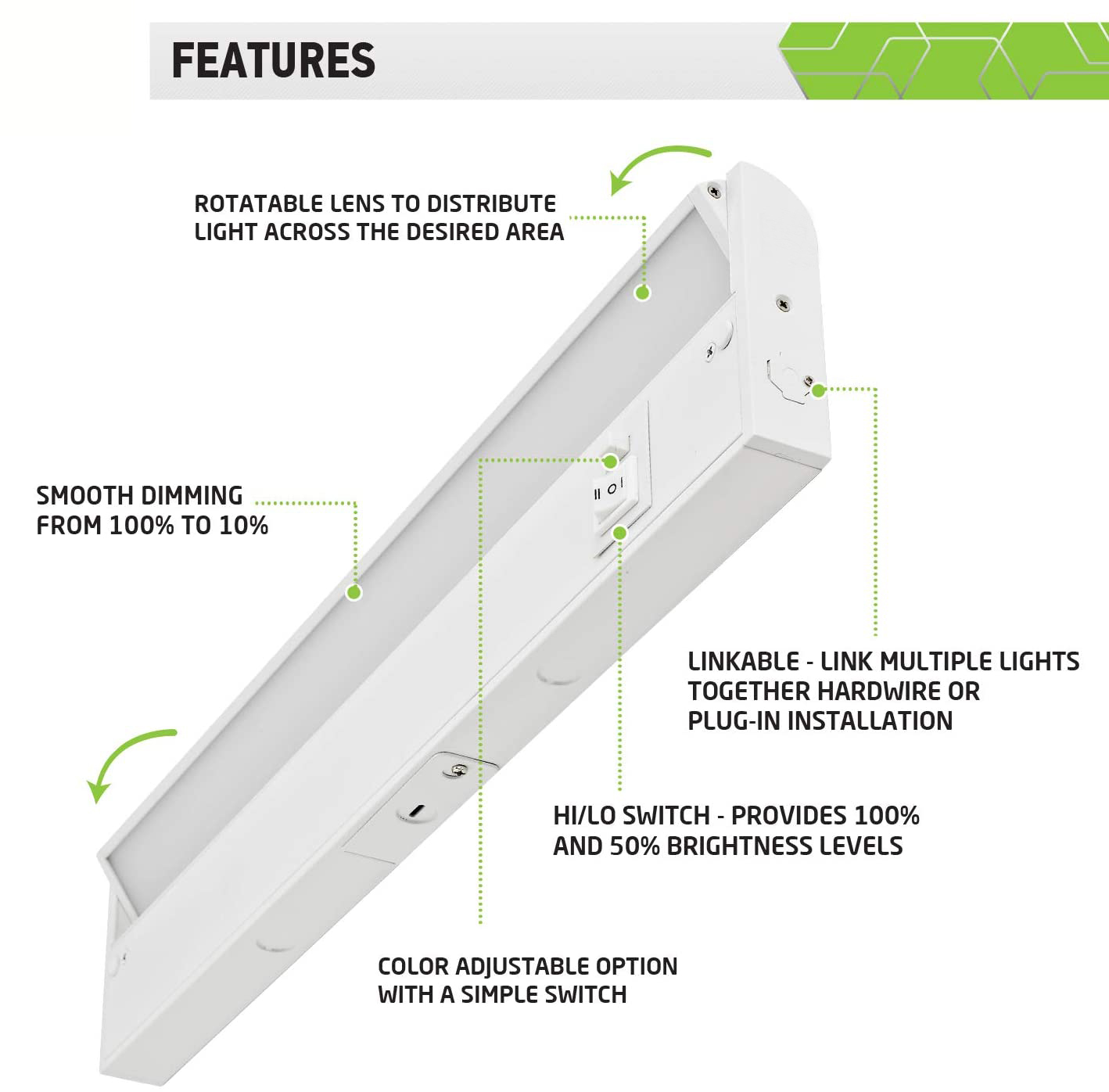 LED Under Cabinet Light For Closet Cabinet Counter Bookshelf 3CCT Adjustable Dimmable Black White Finish Selectable Hardwired Plugged-in Under counter Lighting Bar