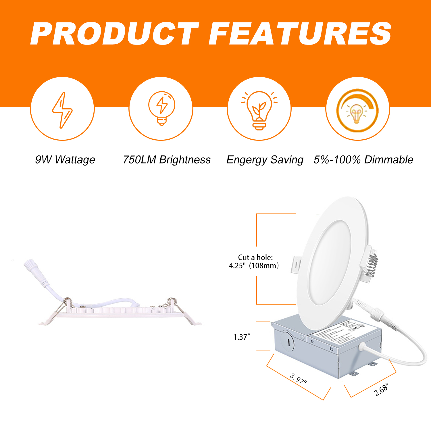 YG008 High Brightness 810LM 4in 3CCT Potlight LED Recessed Slim Panel Light