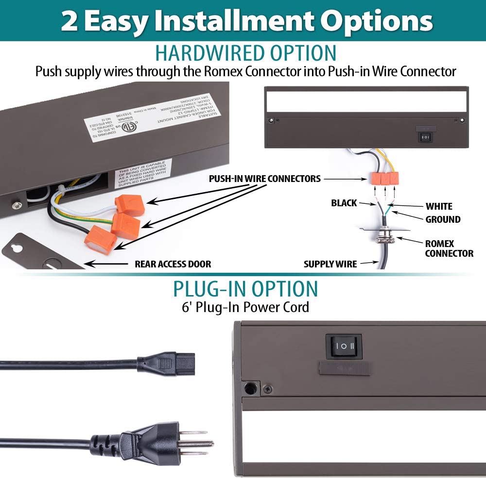LED Under Cabinet Light For Closet Cabinet Counter Bookshelf 3CCT Adjustable Dimmable Black White Finish Selectable Hardwired Plugged-in Under counter Lighting Bar