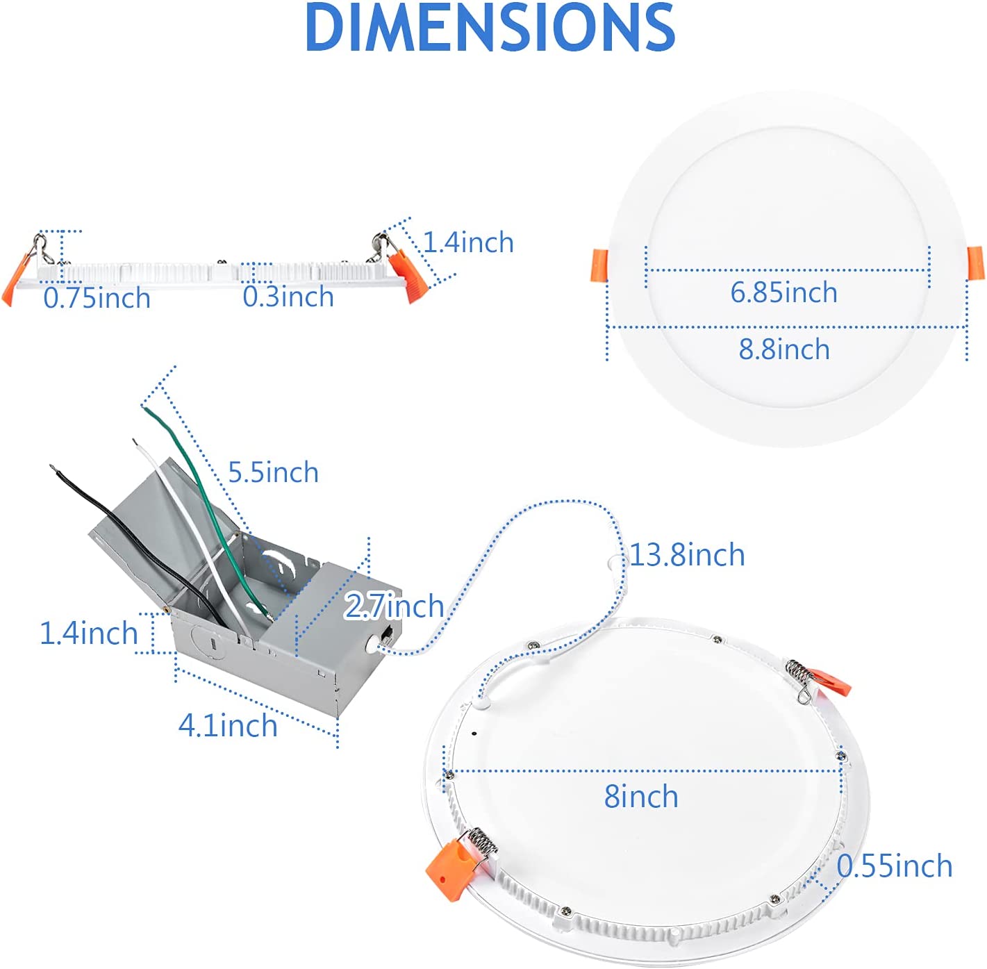 YG ETL/ES/FCC Listed AC120V 8in 18watts 3CCT Indoor Residential Slim Panel Recessed LED Downlights for Damp Location