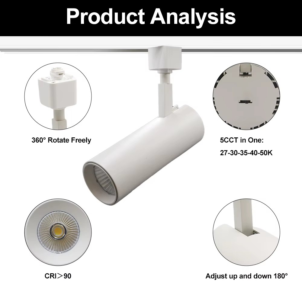 ETL Listed LED Track Light Commercial COB 10W 20W 30W 5CCT Adjustable LED Track Spotlight