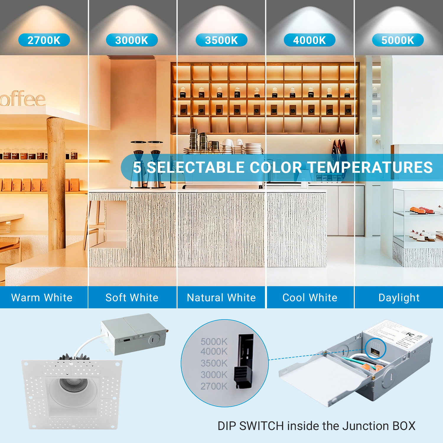 Square Shape 4 Inch 15W WhiteTrim Selectable Anti Glare LED Downlights Indoor Trimless Downlight LED Recessed Ceiling Downlight