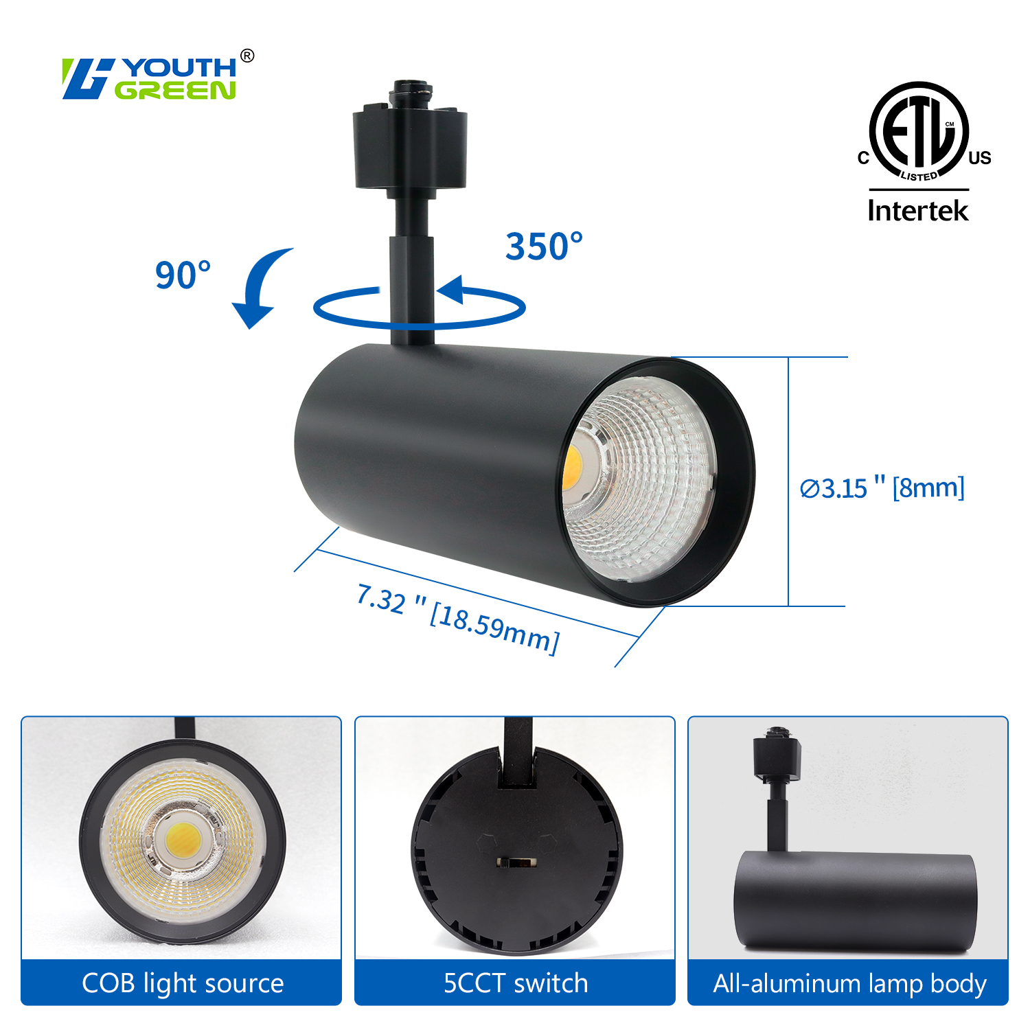 Black LED Track Light Commercial COB Adjustable 10W 20W 30W 5CCT Tunable LED Ceiling Spotlight