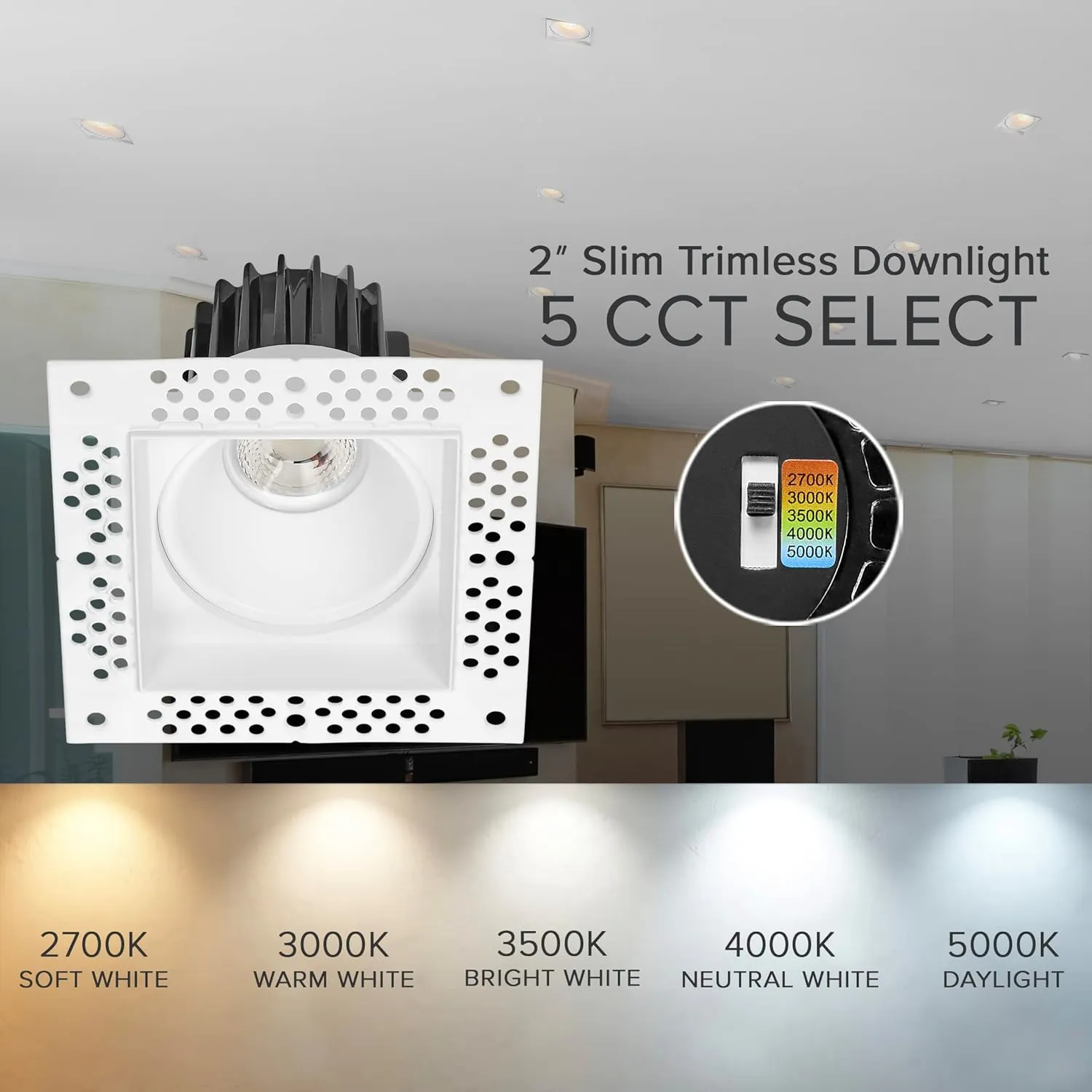 Trimless Ultra-Thin Recessed Anti-Glare LED Downlight 5 Color Temperature Selectable LED Downlight