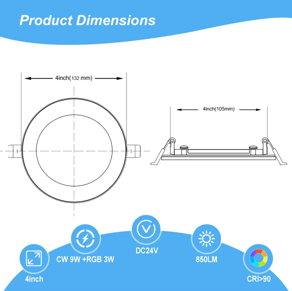 Low Voltage DC24V 4Inch Led Recessed Downlight 2700K-6000K Selectable Main Slim Downlight With RGBCW Night Light For Indoor Using