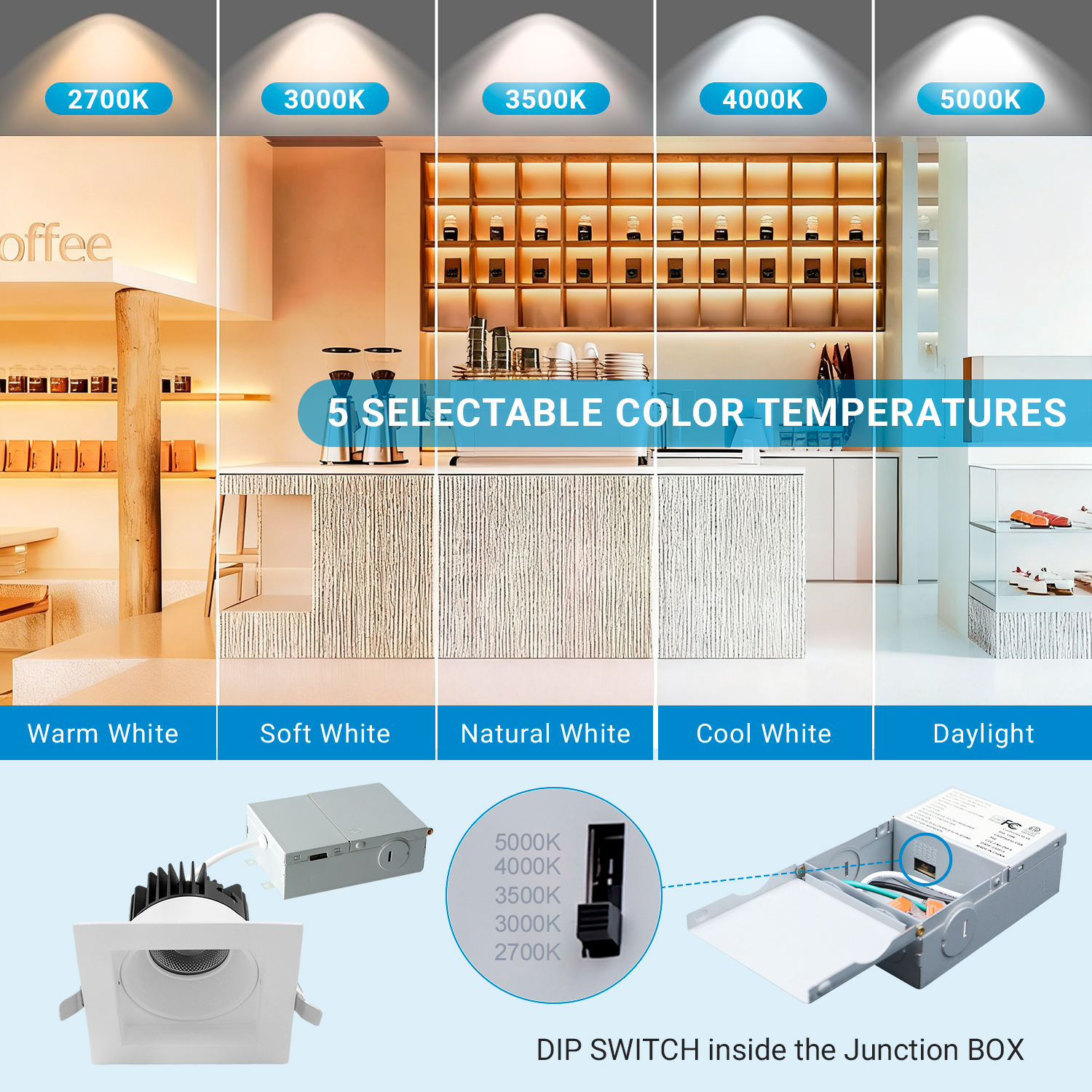 White Square Shape 4 Inch 15W Trimless Downlight Anti Glare Trim Selectable LED Downlights LED Ceiling Trimless Downlights ETL